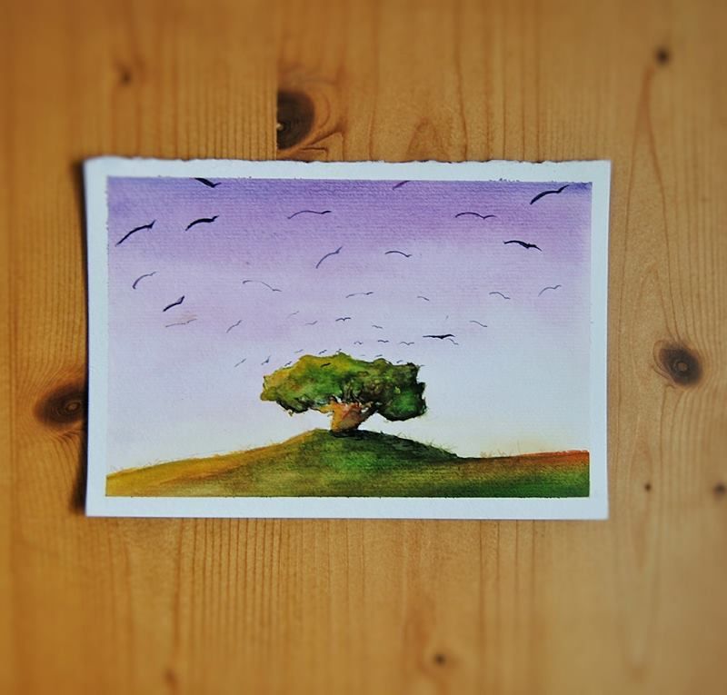Soft color landscape. Watercolor Illustration. Tree and birds sketch. Home Decor. Nursery. Baby Room