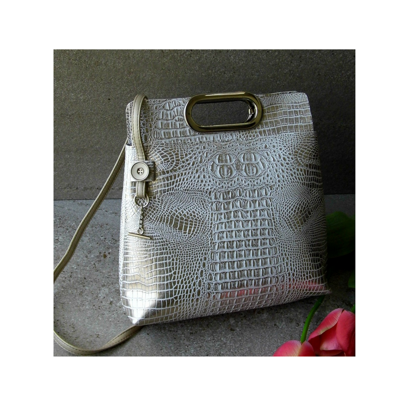 Off white handbag, White handmade vegan leather purse, Large purse with handles, Faux crocodile bag, Silver handbag, Unique design handbag