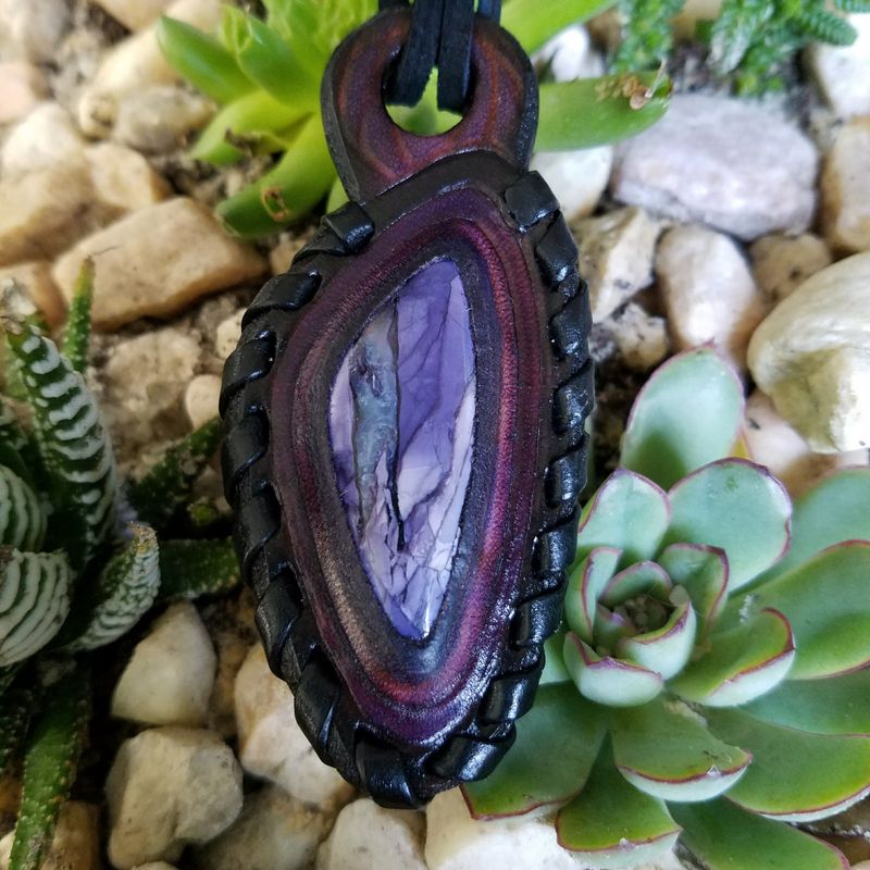 Handcrafted Leather Necklace with one of my handcrafted Cabochons - RARE TIFFANY STONE