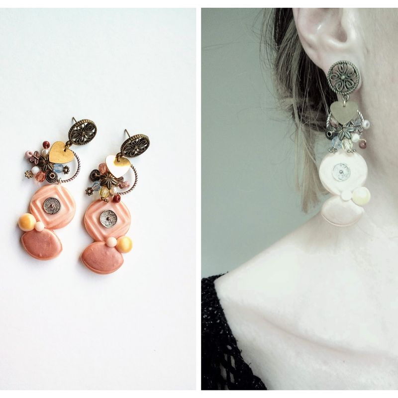 Large brown mixed media earrings, polymer clay earrings, wire wrap earrings, romantic jewelry, big summer studs, bohemian earrings