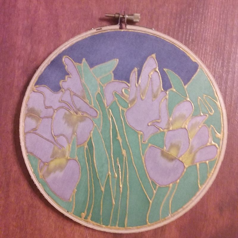 Iris Garden Painting on Silk measuring 6 inches