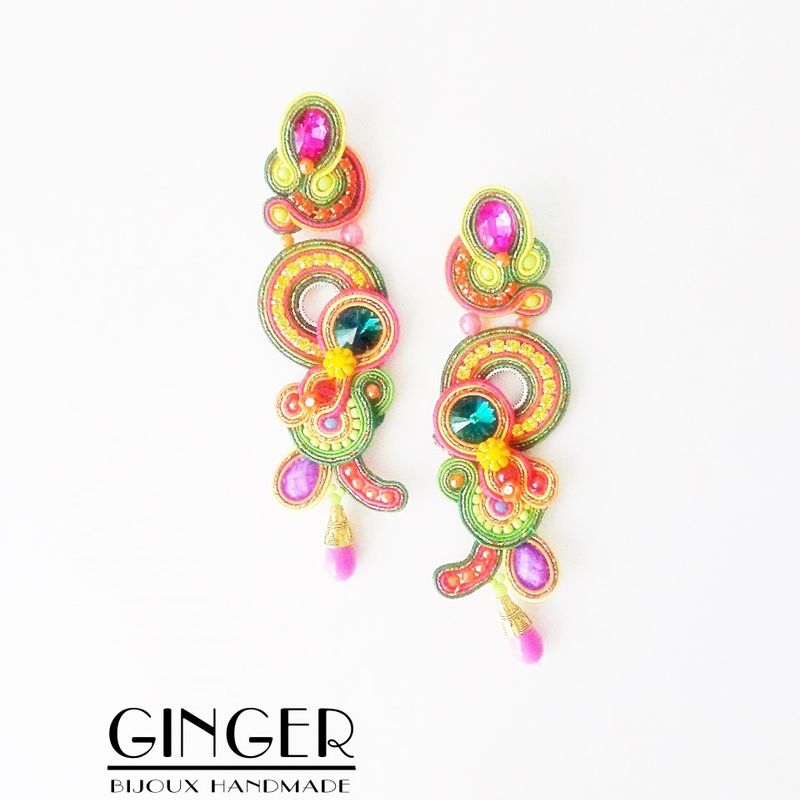 Brazil earrings, statement earrings, Soutache Earrings, extravagant earrings, exotic earrings, boho colorful earrings, Frida Kahlo inspired