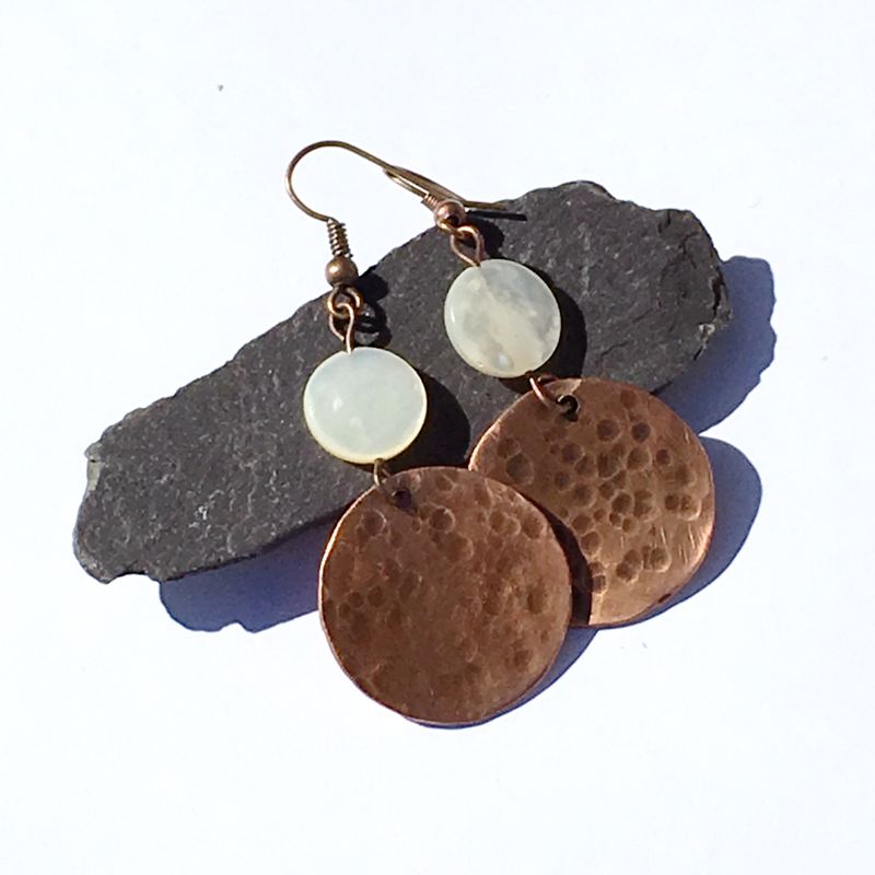 Hammered copper moon earrings with mother of pearl