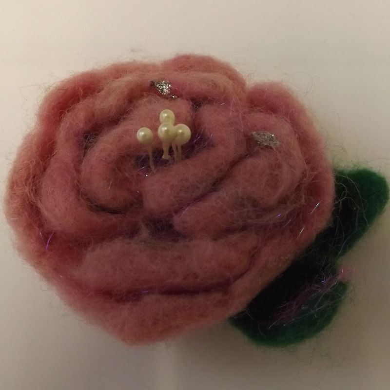 Beautiful pink rose flower needle felting brooch