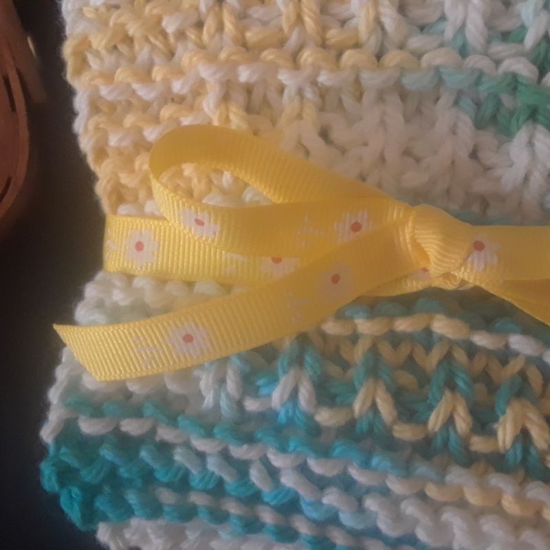 Yellow, White and Blue Knit Cotton Dishcloths/Facecloths