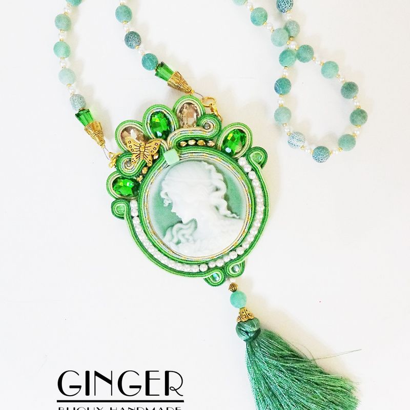 Green cameo necklace pendant, green pendant, soutache green necklace, Medallion Renaissance Necklace, Medieval Necklace, Cosplay Accessories