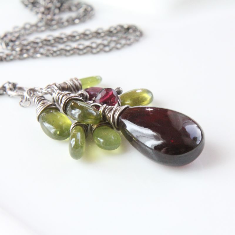Garnet Necklace Oxidized Silver Cluster Pendant January Birthstone