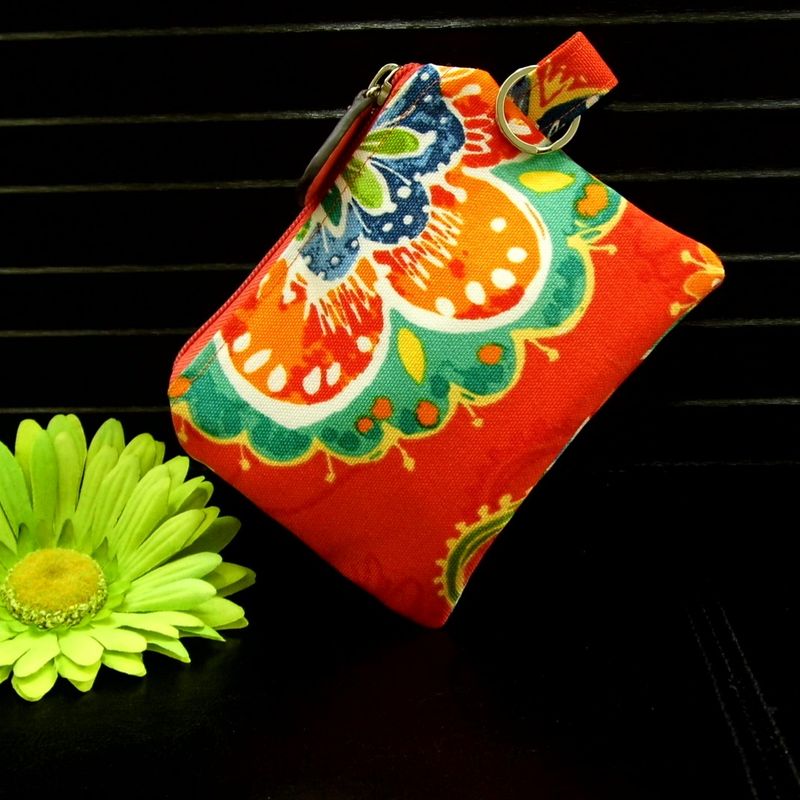 Key Fob Wallet, Small Minimalist Fabric Wallet, Orange Small Pouch, Keychain Wallet Pouch, Keychain Card Holder, Earbud Case
