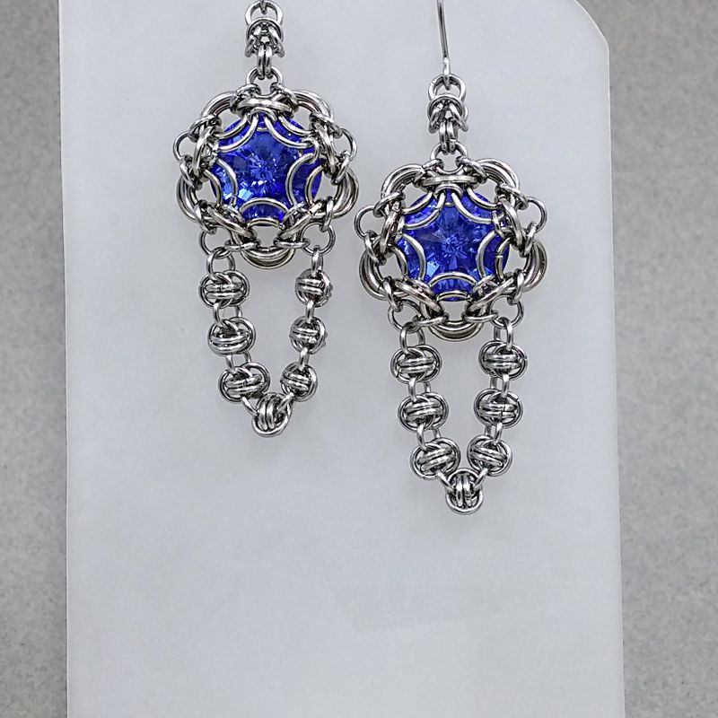 Swarovski Crystal Sapphire Blue Rivoli Stone in Chain Mail Earrings