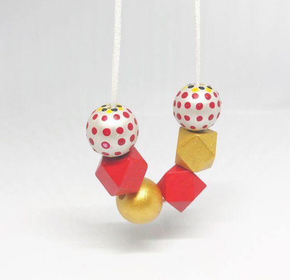 Exotic wood necklace big bold chunky pastel wood necklace handmade polka dot long geometric stand out necklace