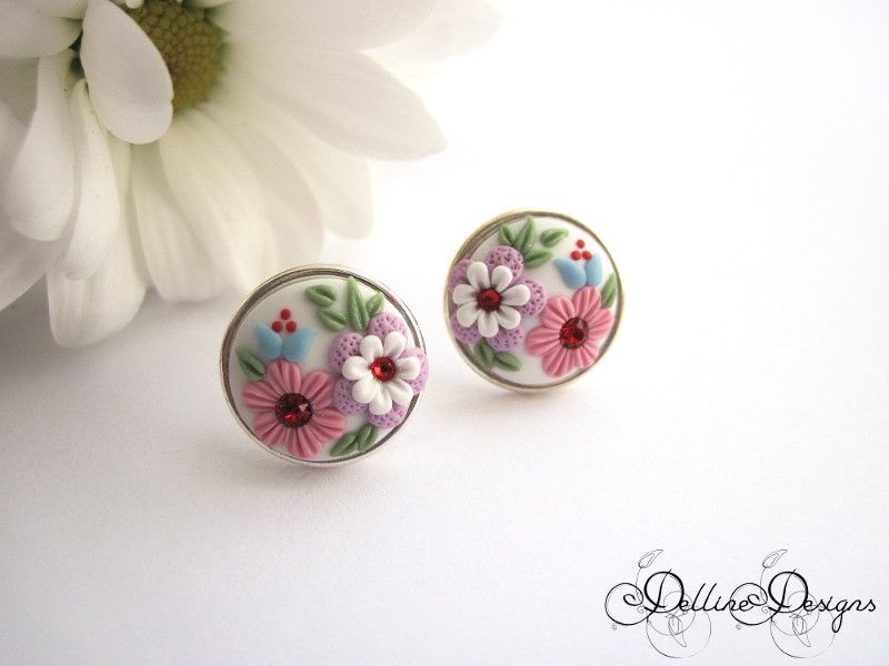 Joy * Handmade Floral Stud Earrings * Polymer Clay and Sterling Silver Earrings * Unique Jewelry * Embroidery Earrings * Applique