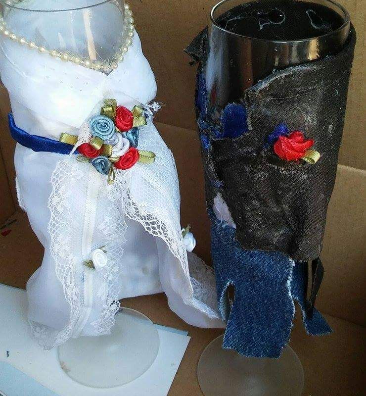 His & Hers Wedding Dressed Champagne Glasses