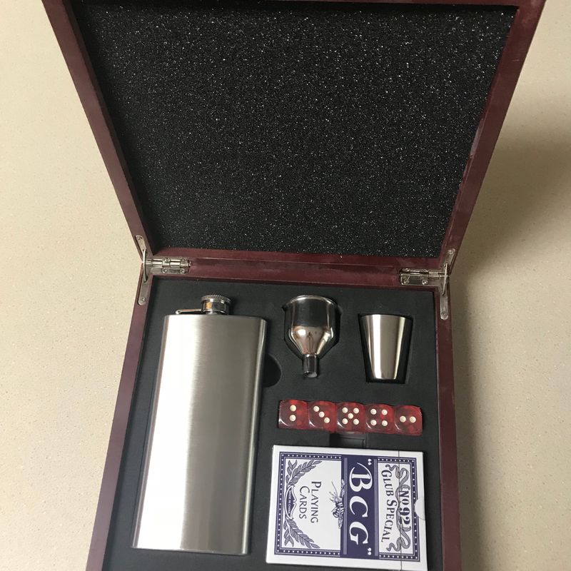 red wood flask box with cards and dice