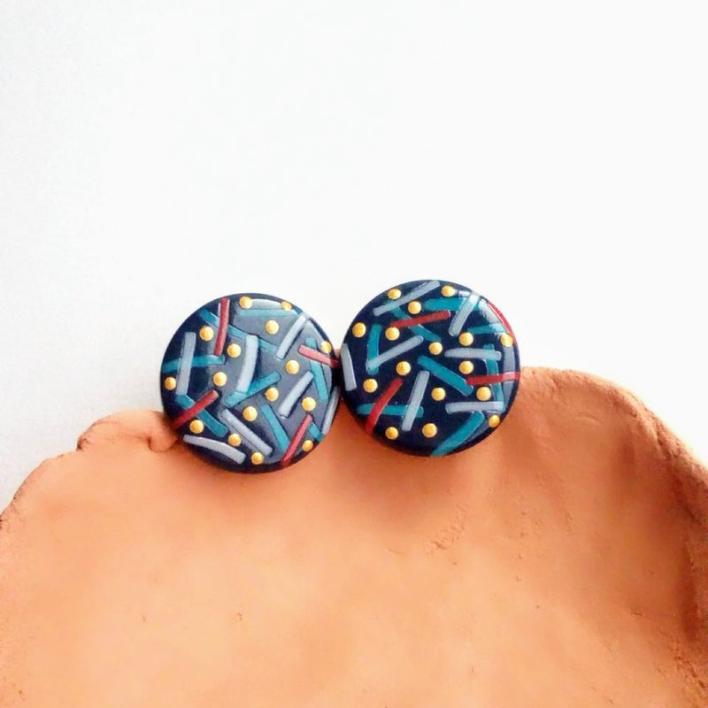 Royal blue studs, round studs, dotty studs, gold dots, striped studs, nautical earrings, circle earrings, large studs, blue and gold studs