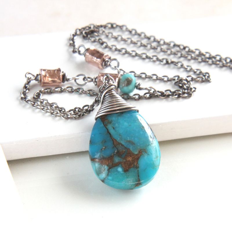 Turquoise Teardrop Necklace Oxidized Silver Made For Women