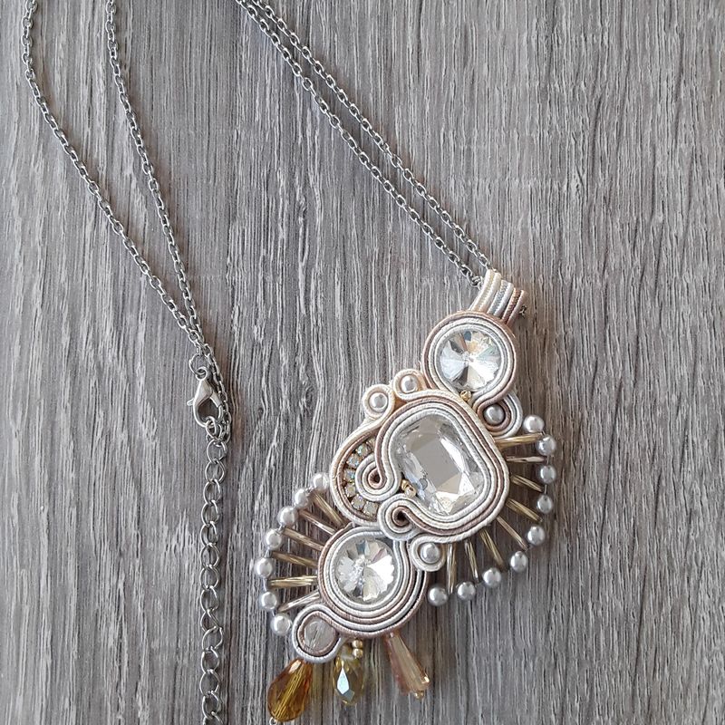 White soutache pendant, bridal necklace, wedding pendant, elegant necklace, wedding accessories, craft jewelry