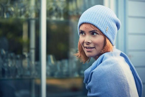 Light blue knit merino hat and scarf