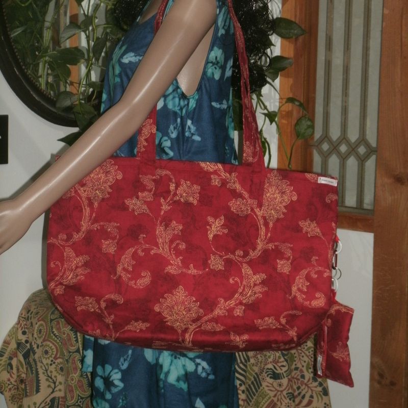 ON SALE Large Red and Gold Floral Design Home Decor Fabric Shopping Tote w/Matching Clip On Eye Glass Case