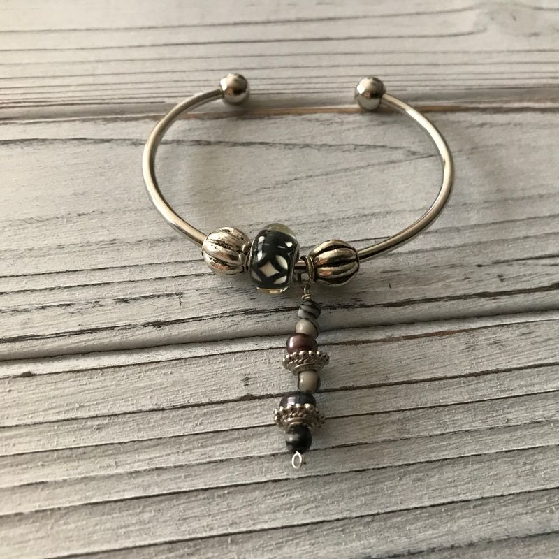 Silver-plated bangles, cuffs, wristlets...unique hanging charms, can be customer made to suit your colors and style....