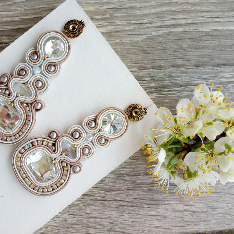 White and beige soutache earrings, Crystal earrings, Unique jewelry, Wedding gift, Dangle earrings, Women's gift idea