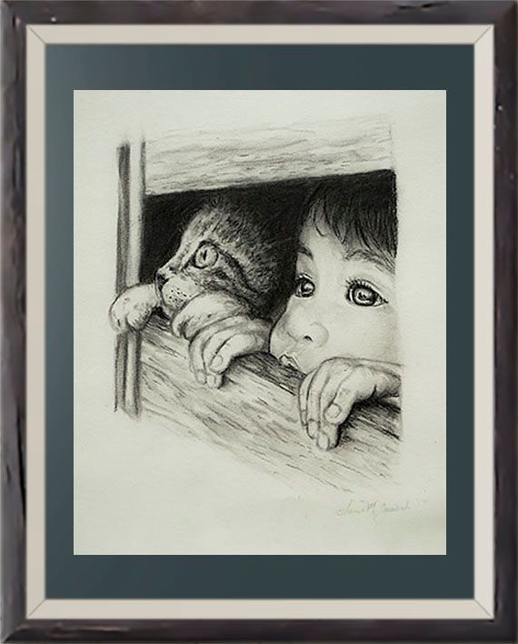 Cat Lovers Charcoal Drawing