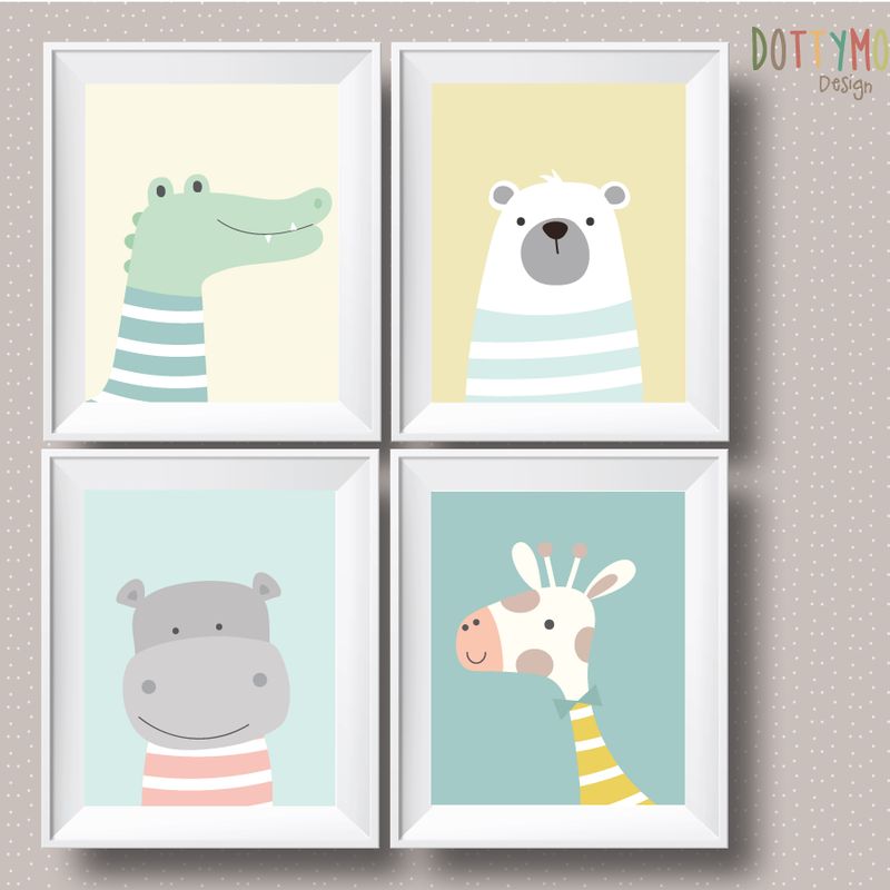 Cute animals 4 print set, children wall art,Playroom print, kids poster, nursery poster, kids wall art decor, playroom art.