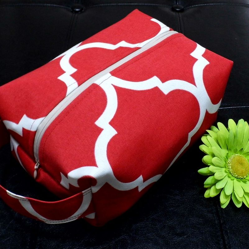 Womens Toiletry Travel Bag, Red Makeup Bag For Women, Boxy Bag For Makeup, Lattice Print Bag, Travel Organizer, Large Makeup Bag