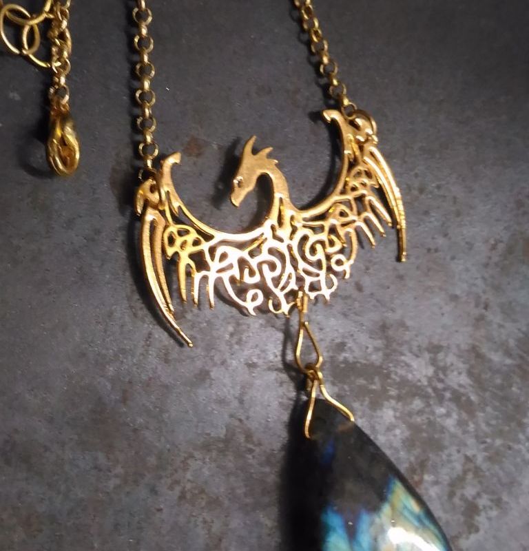 Dragon Necklace with Labradorite Stone,Goldplated Brass Dragon Pendant
