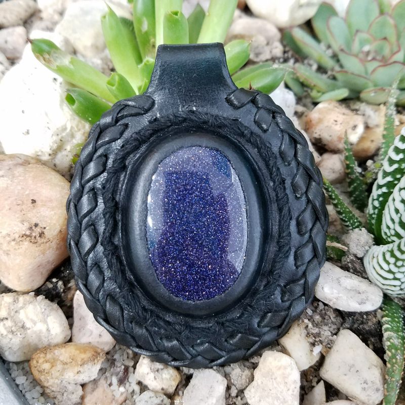 Handcrafted Leather Necklace with SUPER SPARKLY Blue Goldstone Cabochon