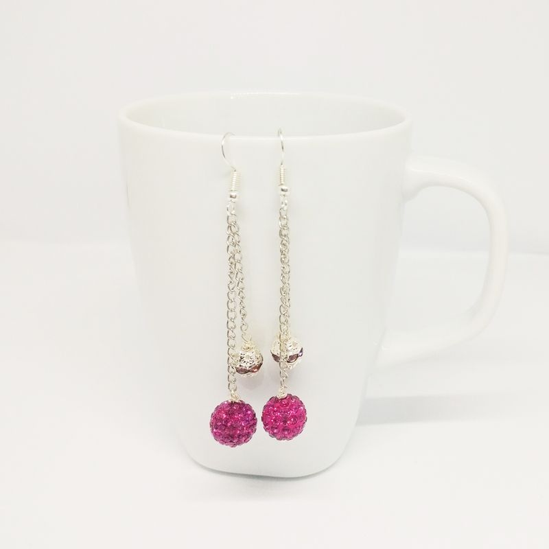 Chain Earrings Long Statement Earrings Fuschia Crystal Drops Hot Pink silver earring druzy Asymmetric chain jhumka bday jewelry gift for her