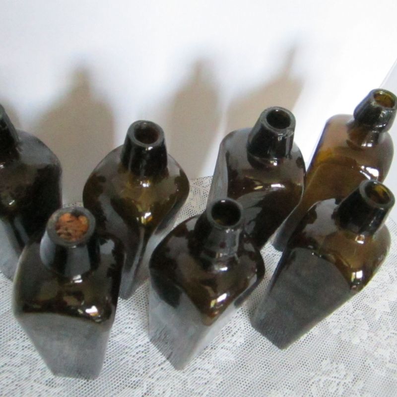 7 Antique 1800s Relic " Pirate " hand crafted  hand blown gin bottles