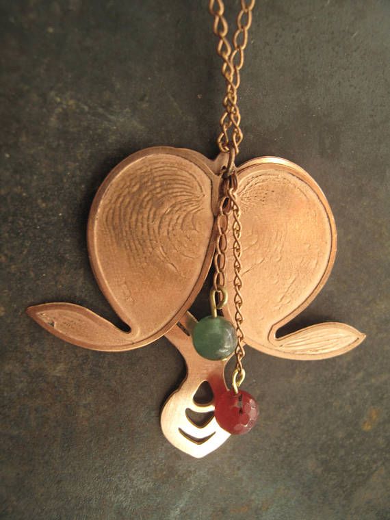 Copper bleeding heart flower necklace with garnet and jade gemstones