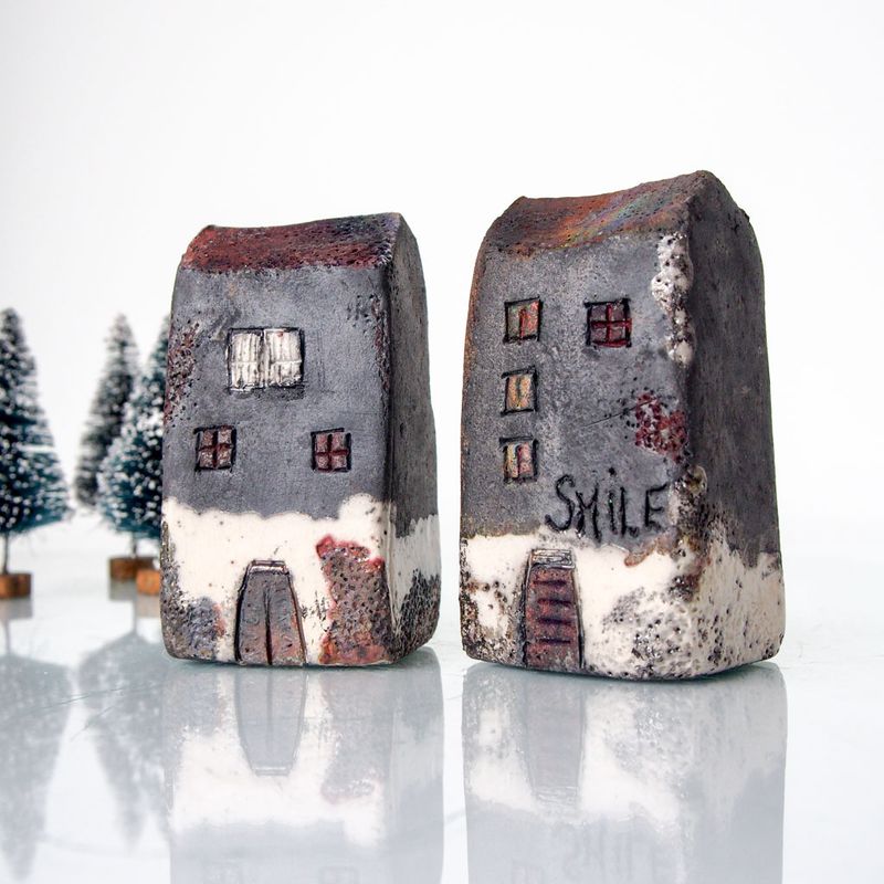 Art Raku fired Ceramic houses Handmade Unique Ceramics Architectural Home decor, raku pottery, Brown, black, gray and white