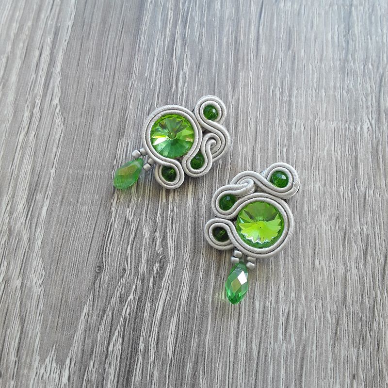 Green and silver lobe earrings, small soutache earrings, earrings with pearls and crystal, boho chic earrings, gift for her