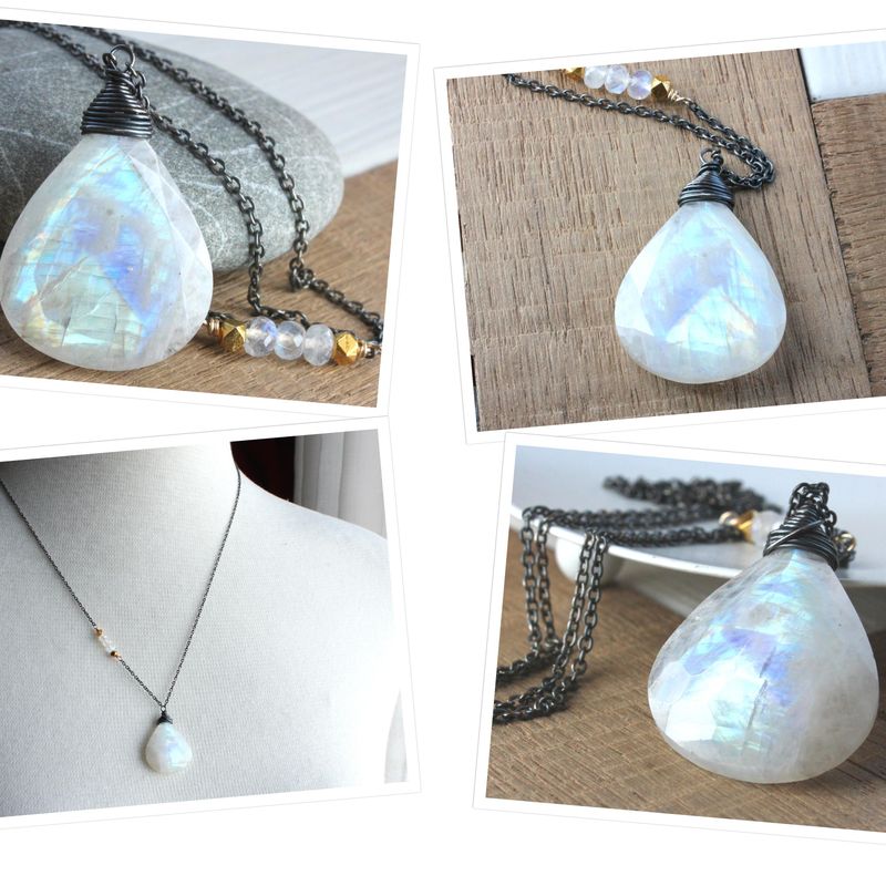 Rainbow Moonstone Necklace Oxidized Silver June Birthstone