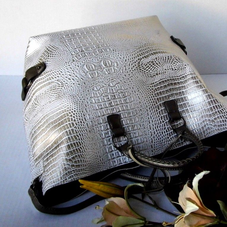 SOLD - Silver tote bag, Vegan tote bag, Faux crocodile bag, Weekend tote, Cream tote bag, Womens weekender bag, Bag with pouch, Overnight bag