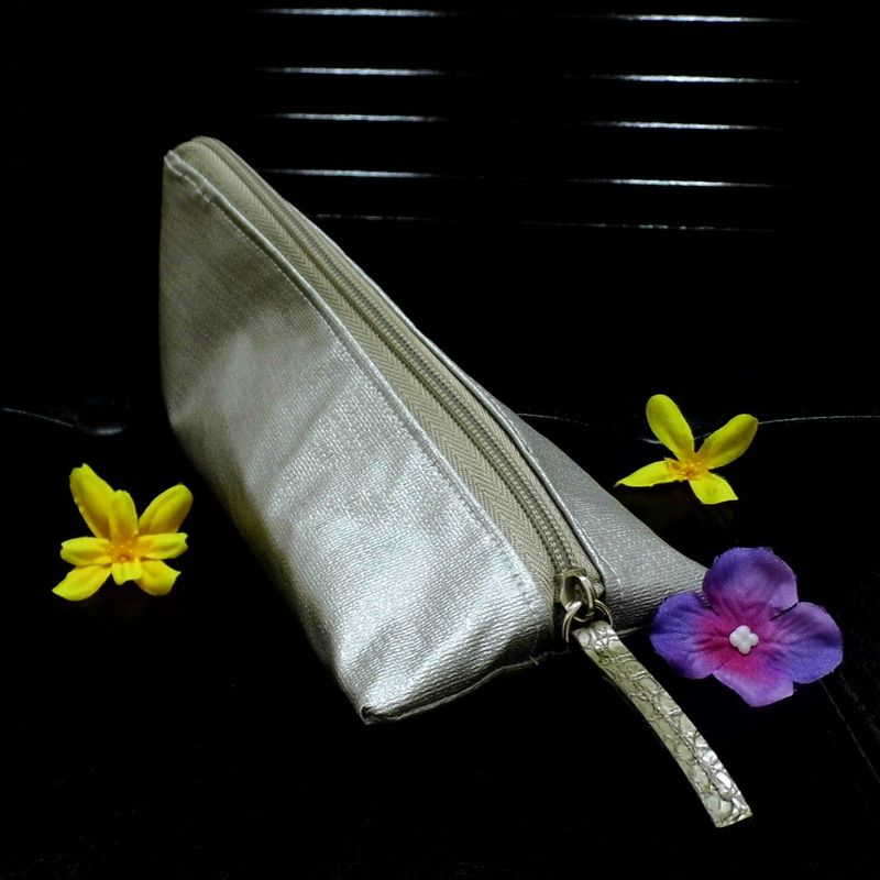 Vegan Makeup Bag, Small Metallic Silver Makeup Pouch, Triangle Zipper Cosmetic Bag, Mini Toiletry Case, Pyramid Pouch