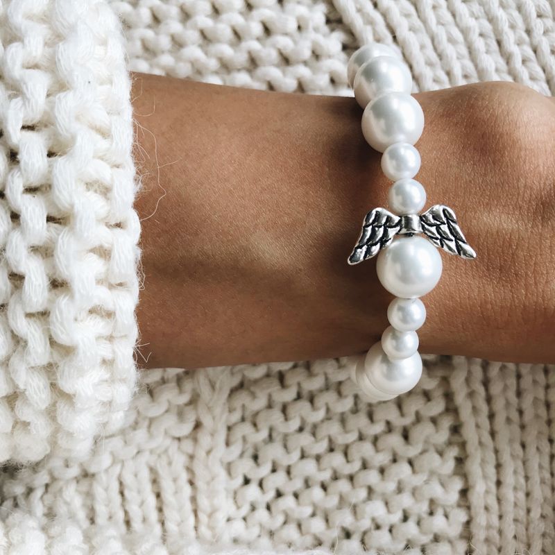 Gemstone bracelet with angel - Pearl/ Rose Quartz/ Turquoise/ Hematite