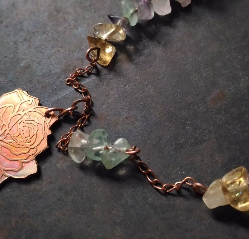 Copper rose necklace with fluorite,citrine,amethyst gemstones
