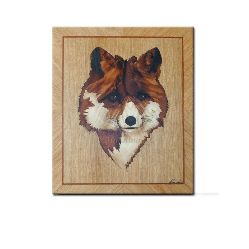Original red Wooden cute fox animal art marquetry woodwork by Andulino