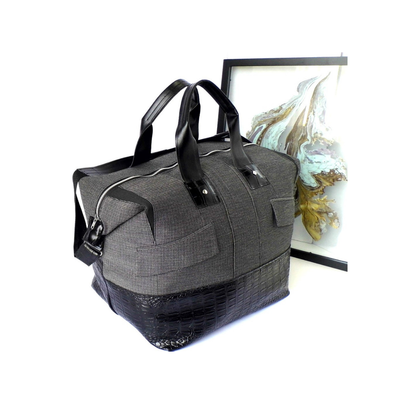 Large Weekender Bag in Grey and Black Faux Leather, Men’s Overnight Bag, Perfect Christmas Gift