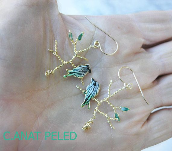 Tiny bird on branch earrings, Meaningful gift, Nature inspired jewelry.