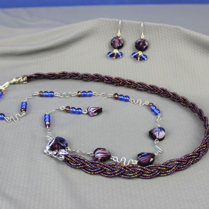 Purple lariat necklace and earring set, glass beads, silver plated wirework