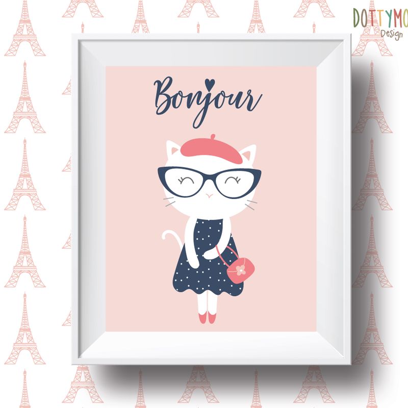 Bonjour, french cat print, children wall art