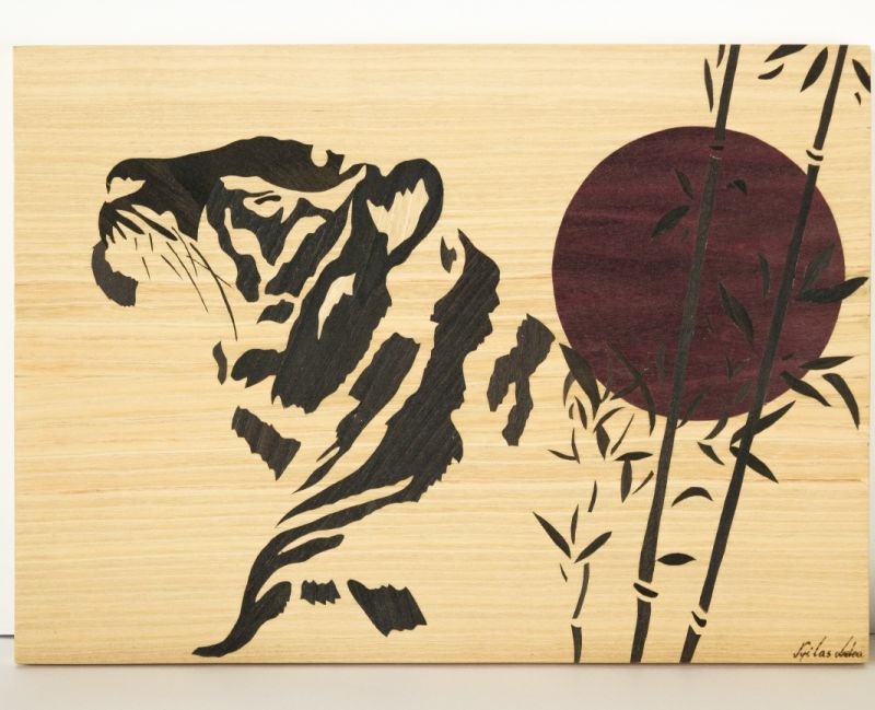 ORIGINAL  Wooden Zen Tiger japanese style art marquetry  home decor woodworking by Andulino