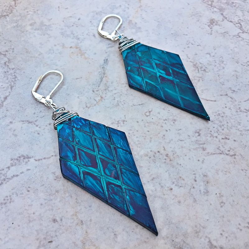 Large Statement Earrings, Blue Dangle Earrings, Polymer Clay Earrings