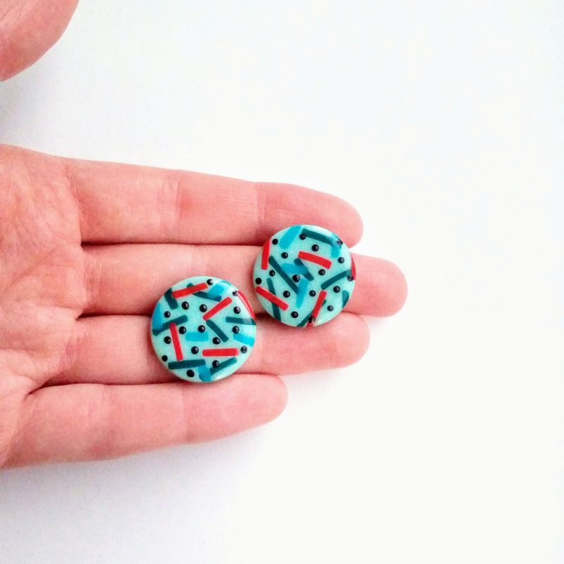 Large mint green studs, striped studs, big round studs, studs with dots, black dots, circle studs, pastel studs, pastel earrings, mint green