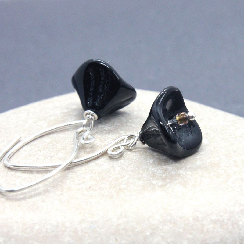 Black Flower Earrings Sterling Silver Glass Earrings