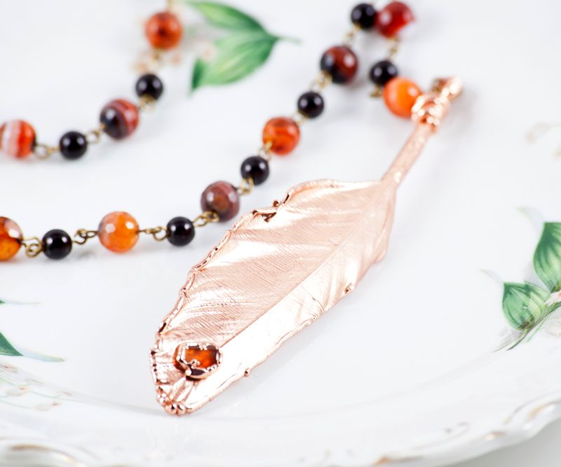 Feather Pendant with Carnelian on Rosary Style Chain