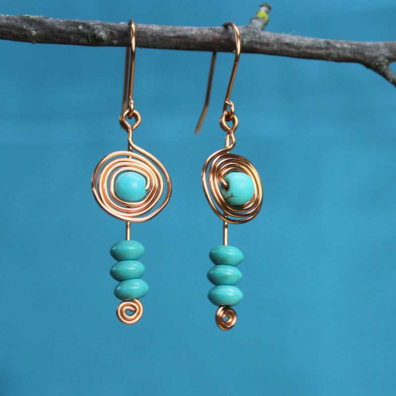 Copper wire and bead earrings with spirals, fishhook, dangle